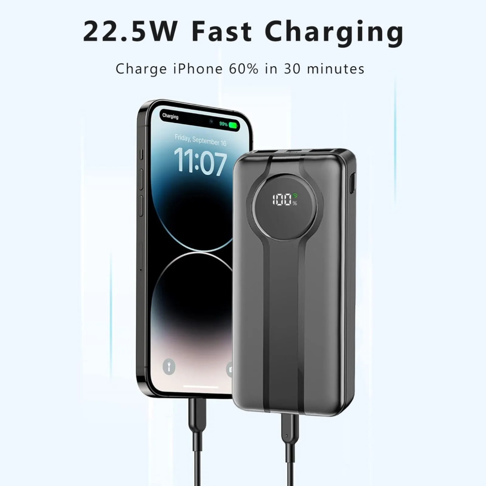 Fast Portable Charger, Aioneus 22.5W Power Bank 10000mAh Battery Pack with Built-in Lightning and USB-C Cables, Black