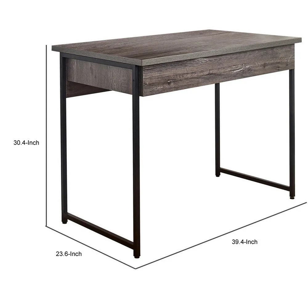 Fein Office Desk, 39 Inch Gray Rectangular Wood Top, Black Metal Frame By Casagear Home
