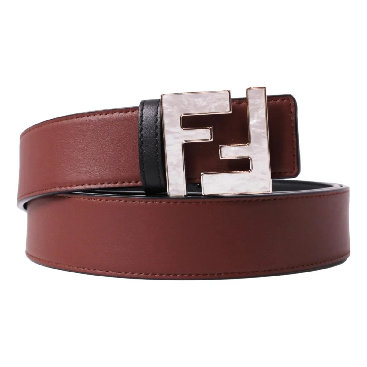Fendi Reversible Black Brown Leather Pearl FF Buckle Belt Size 95 7C0424