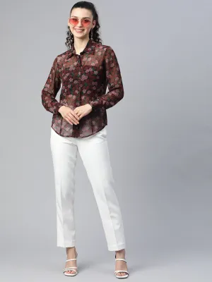Floral Print Sheer Shirt - Maroon