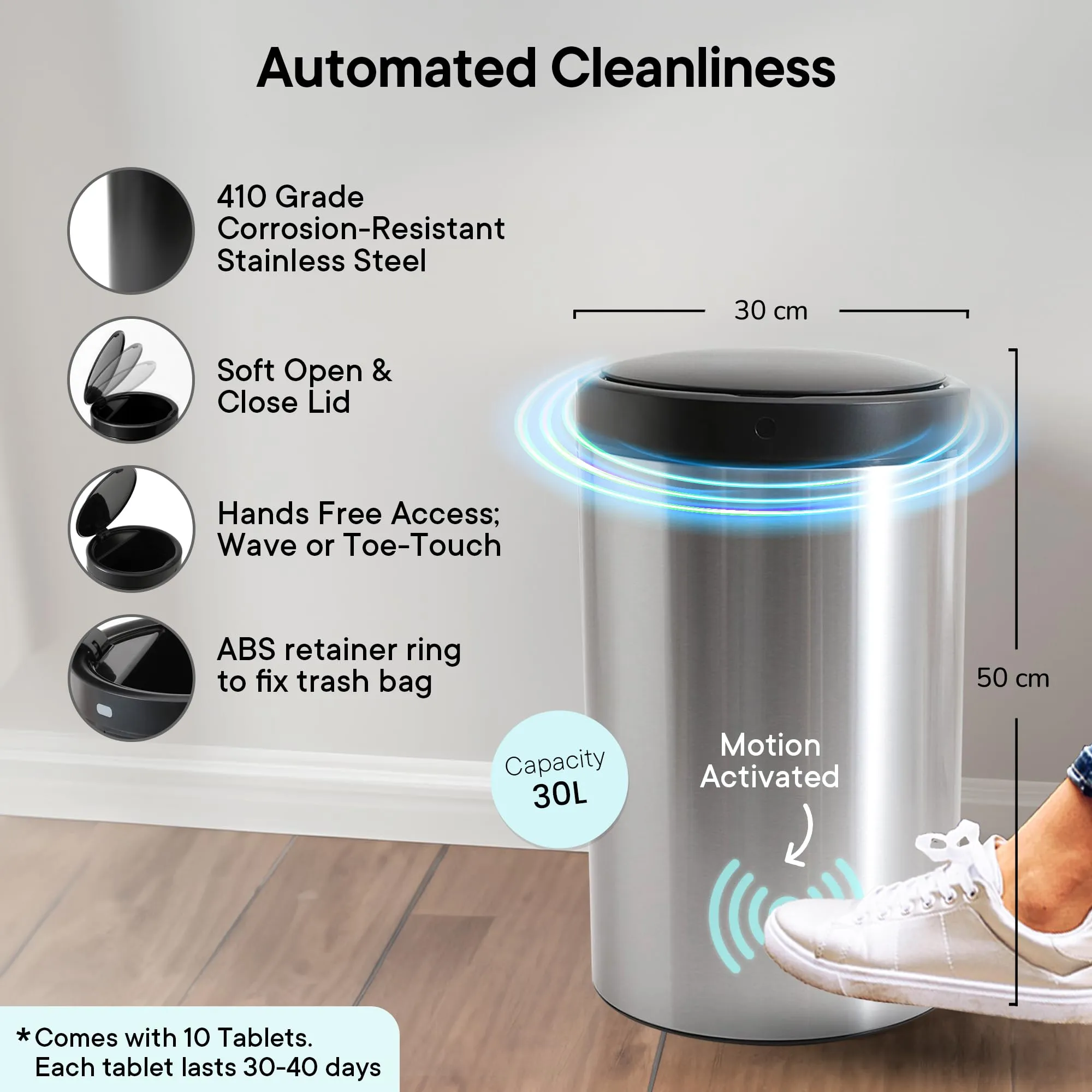 FUMATO 30L Dustbin For Kitchen | Dustbin For Bathroom | 50cm Automatic Smart Sensor Dustbin For Bedroom | Steel Dustbin With Lid | Dustbin For Office | Garbage Bin -Silver