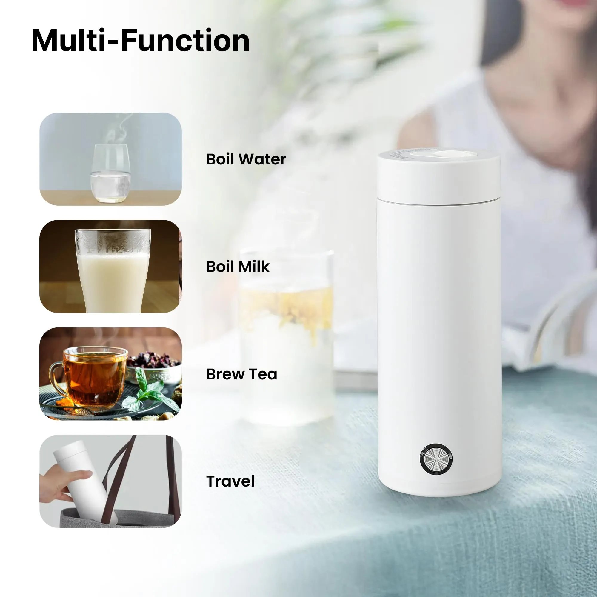 FUMATO Electric Kettle (400ml, 300W) - Portable, Multipurpose Kettle for Tea, Coffee, Baby Milk - Auto Shut-Off, Dry Protection - Travel-Friendly, White