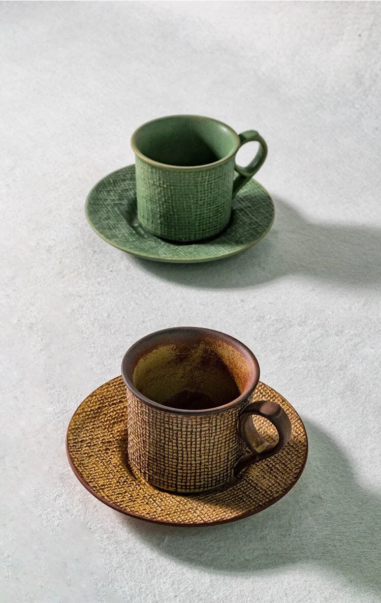 Gohobi Handmade Fabric Texture Stoneware Coffee Cup and Saucer Set
