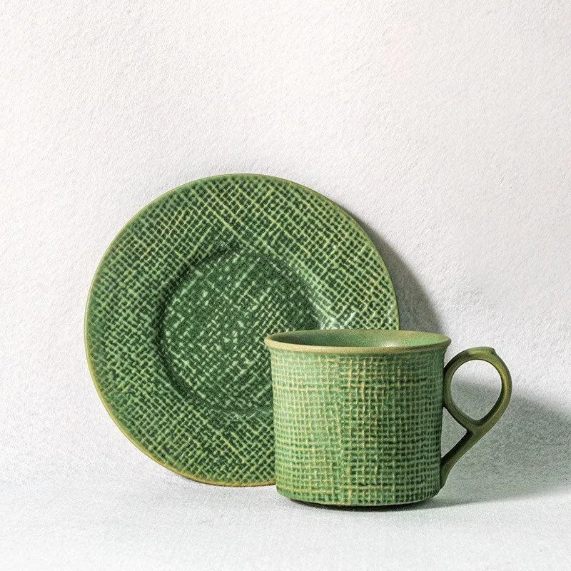 Gohobi Handmade Fabric Texture Stoneware Coffee Cup and Saucer Set
