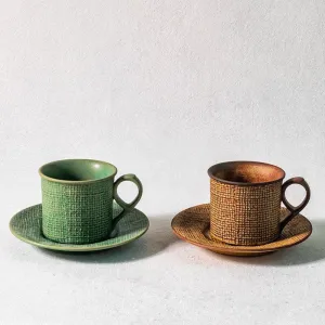 Gohobi Handmade Fabric Texture Stoneware Coffee Cup and Saucer Set