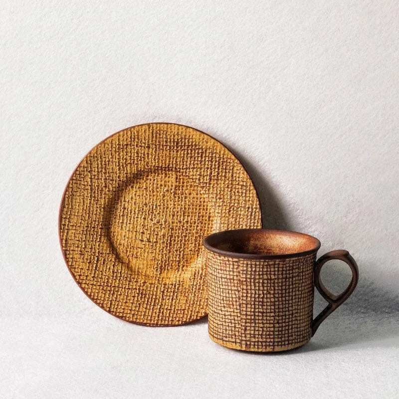 Gohobi Handmade Fabric Texture Stoneware Coffee Cup and Saucer Set