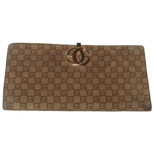 Gucci Brown Square G Logo Print Suede And Brown Leather Vintage Wallet