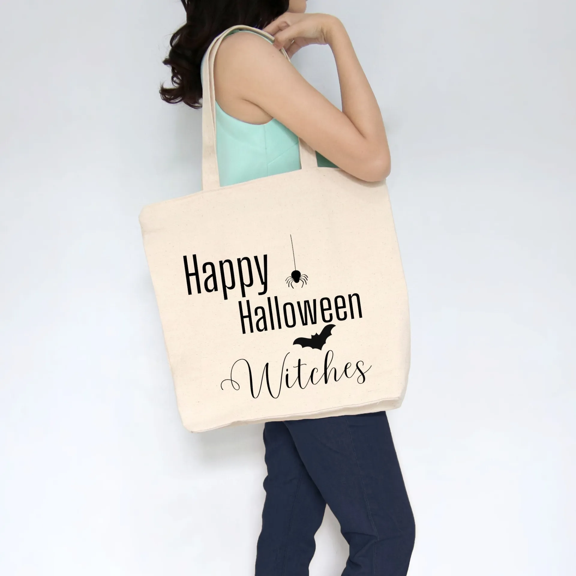 Halloween Heavy Cotton Canvas Tote | Large Funny Halloween Tote Bag with Pockets | Reusable Bag for Shopping, Beach or Overnight