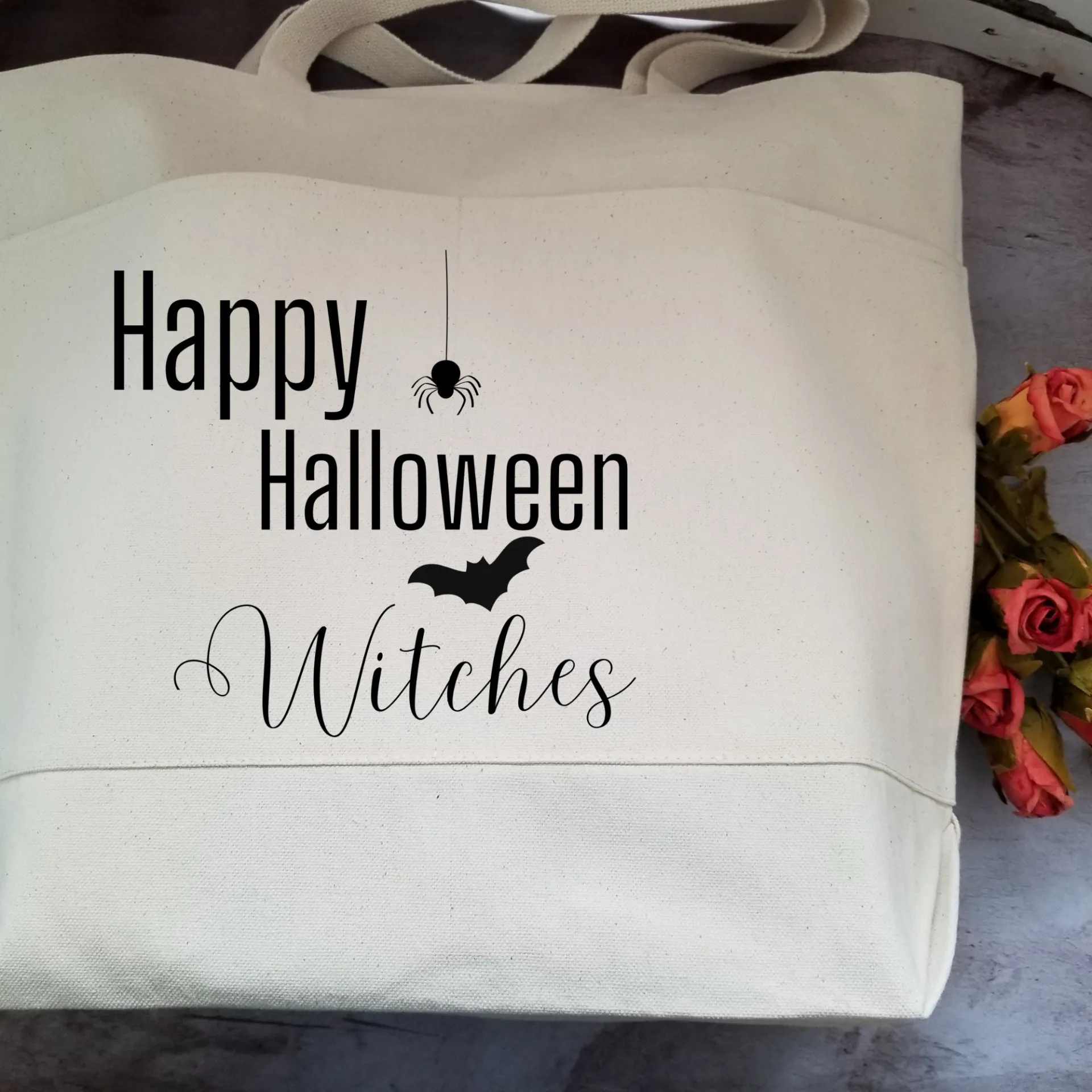 Halloween Heavy Cotton Canvas Tote | Large Funny Halloween Tote Bag with Pockets | Reusable Bag for Shopping, Beach or Overnight