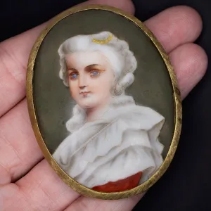 HAND PAINTED VINTAGE PORTRAIT PENDANT 14K YELLOW GOLD FLORENTINE NECKLACE CAMEO