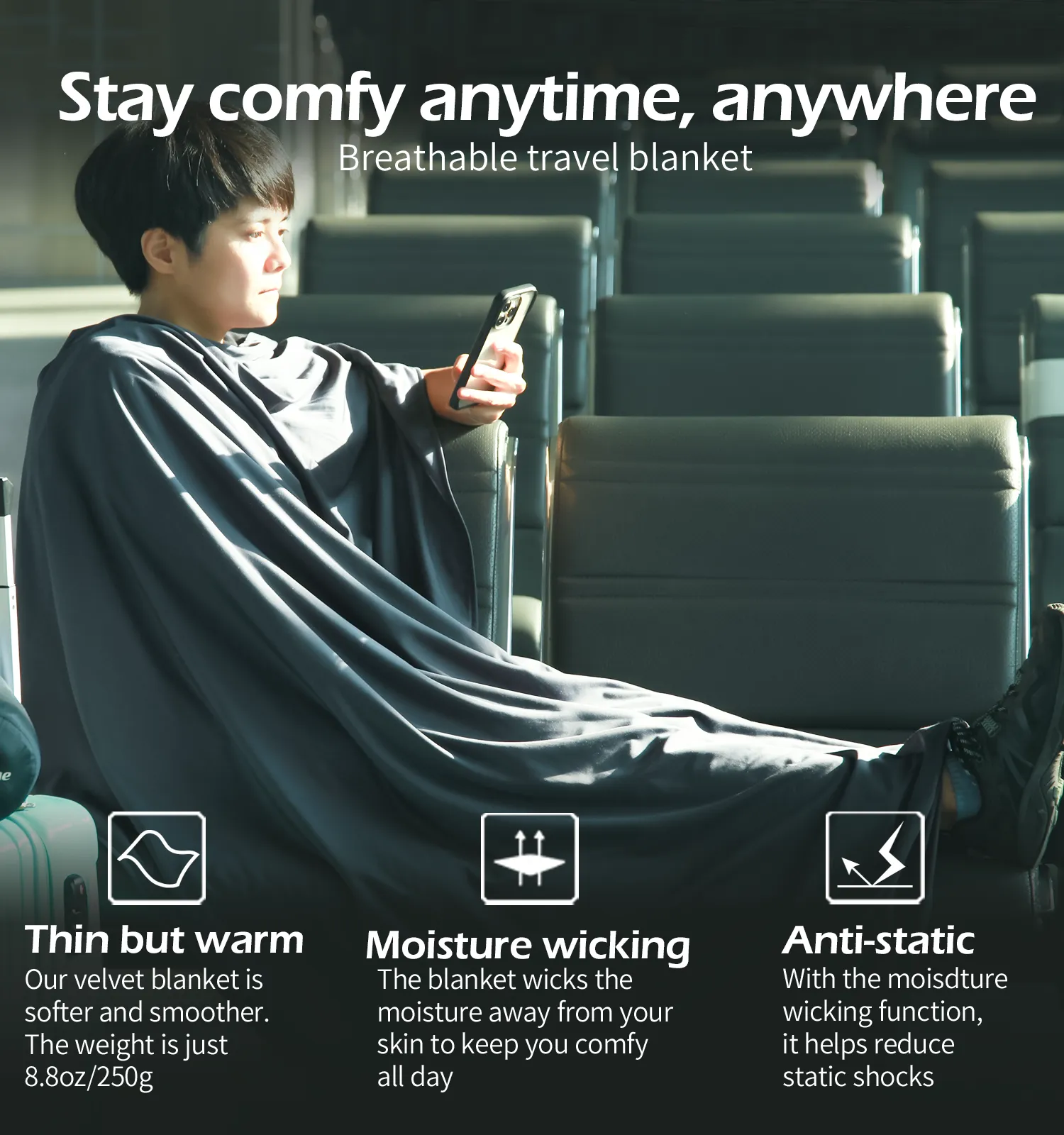 [Hyperax ft Litume] [E650-33]Travel Blanket Lightweight and Breathable, 67 x 48 Soft Airplane Blanket for Travelers (Velvet/Fleece)