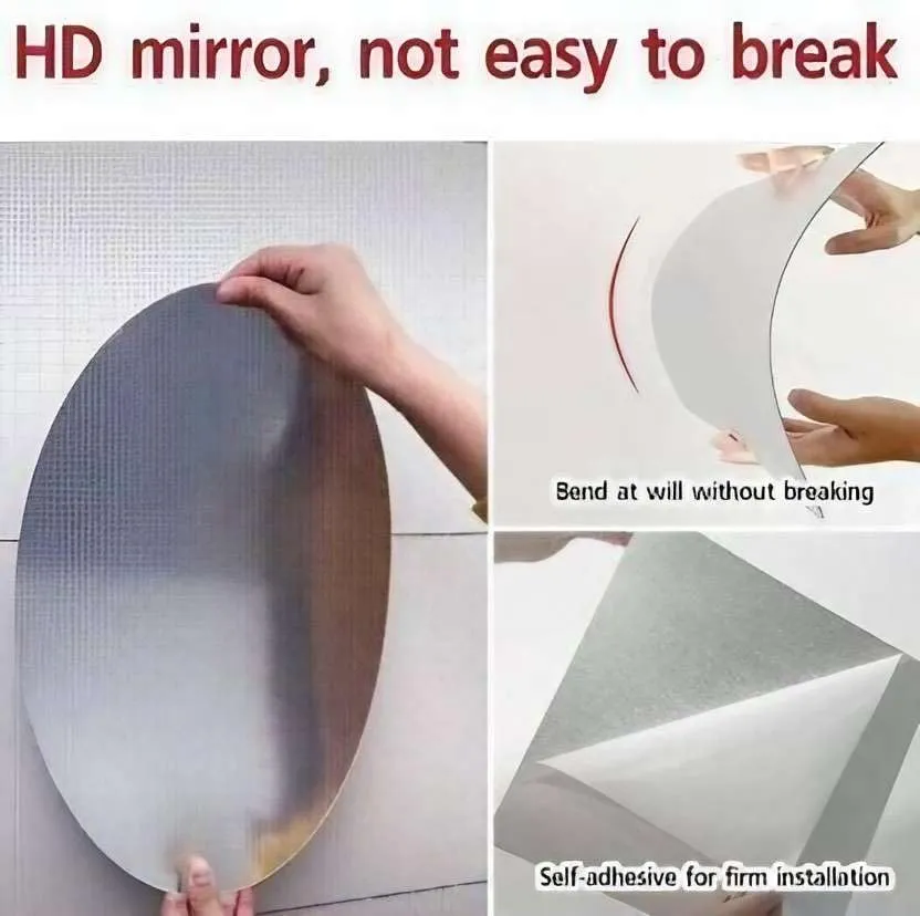 IRQA Oval Shape Adhesive Mirror Sticker for Wall on Tiles Bathroom Bedroom Living Room Basin Mirror Bathroom Wall Mirror Stickers Unbreakable Plastic Vanity Mirror, Makeup Mirror (Style_95