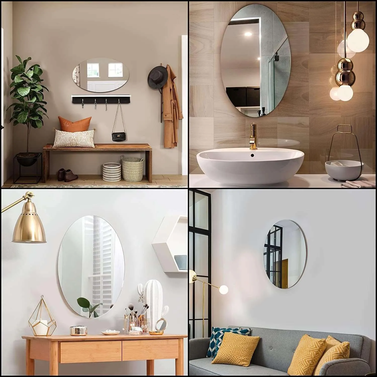 IRQA Oval Shape Adhesive Mirror Sticker for Wall on Tiles Bathroom Bedroom Living Room Basin Mirror Bathroom Wall Mirror Stickers Unbreakable Plastic Vanity Mirror, Makeup Mirror (Style_95
