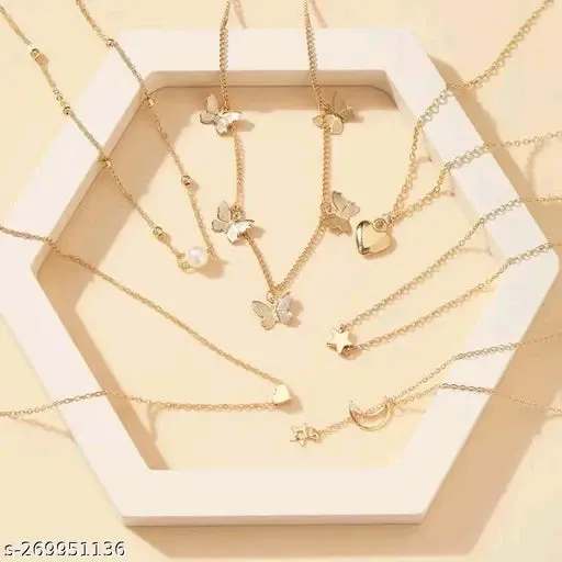 Jewels Galaxy Gold Plated Six-Piece Layered Necklace for Women &amp; Girls - Adjustable, Elegant Design