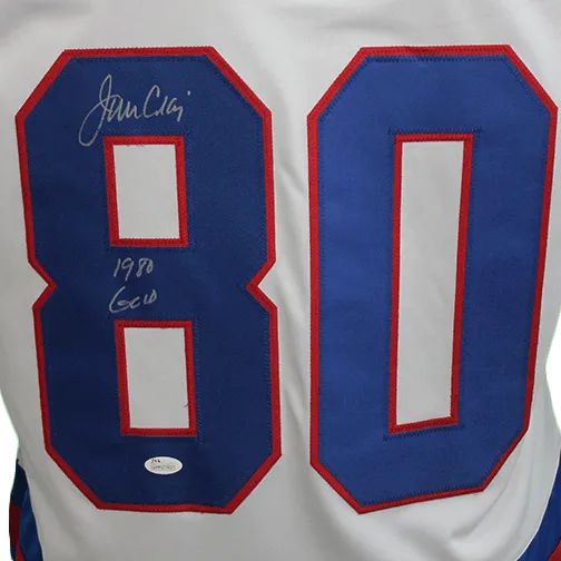 Jim Craig Autographed USA "MIRACLE" Hockey Jersey (JSA) w/ 1980 Gold Inscription