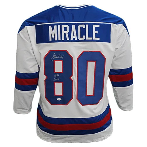 Jim Craig Autographed USA "MIRACLE" Hockey Jersey (JSA) w/ 1980 Gold Inscription