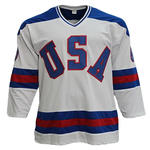 Jim Craig Autographed USA "MIRACLE" Hockey Jersey (JSA) w/ 1980 Gold Inscription