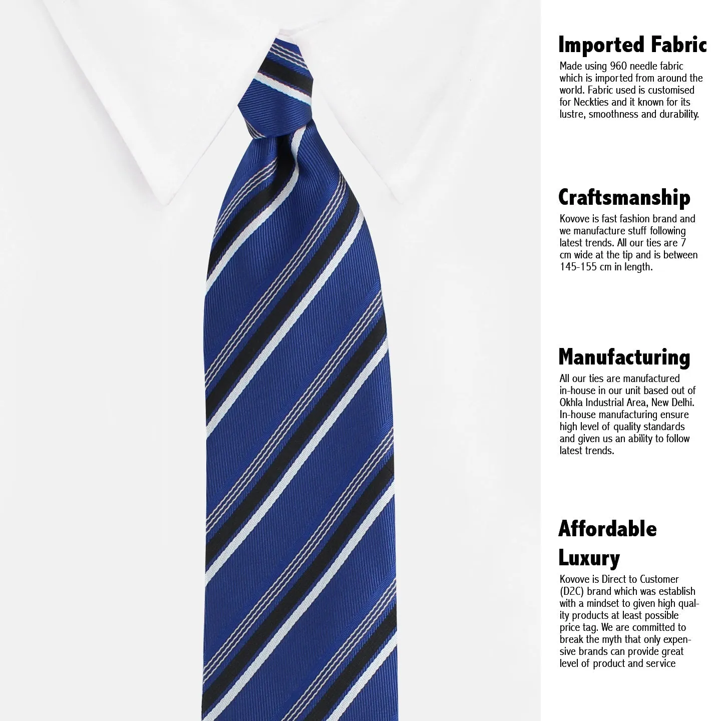 Kovove Elegant Blue Striped Necktie and Pocket Square Gift Box