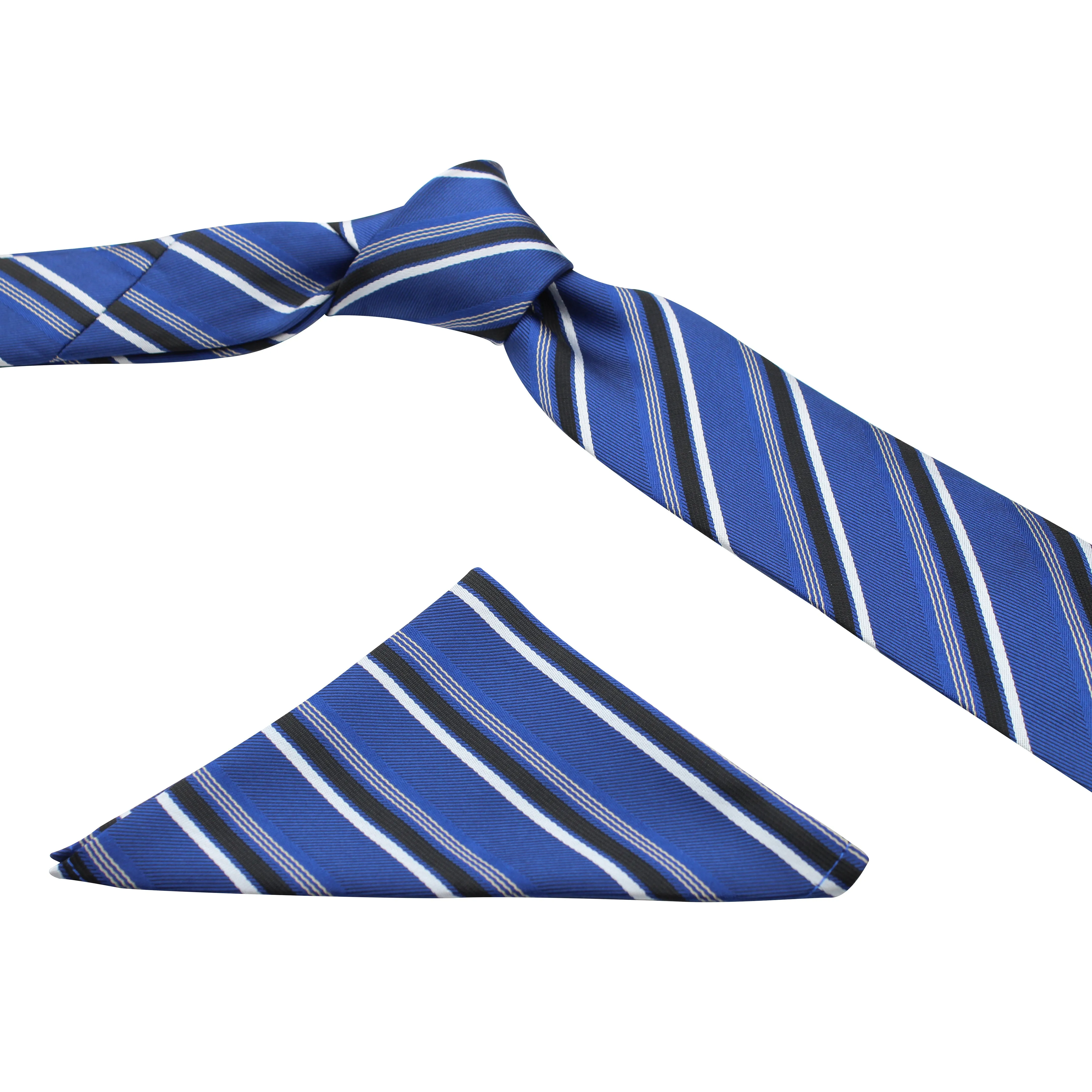 Kovove Elegant Blue Striped Necktie and Pocket Square Gift Box