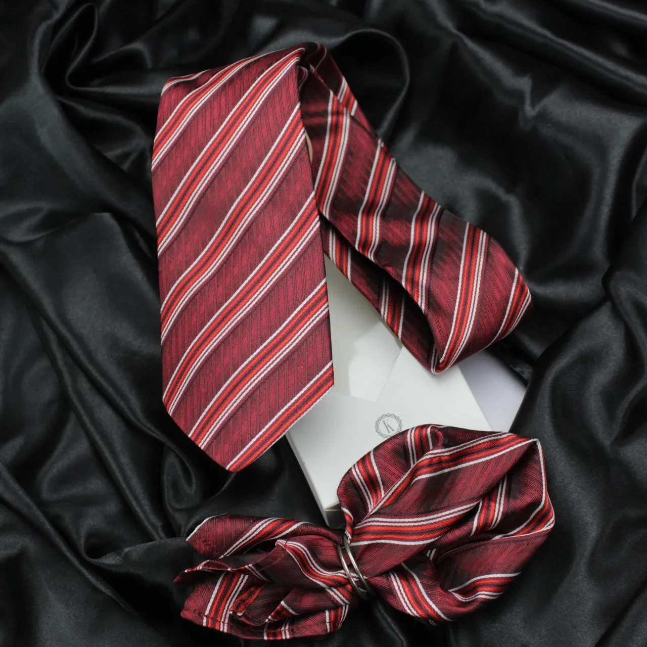 Kovove The Pleasing Striped Black Necktie and Pocket Square Gift Box
