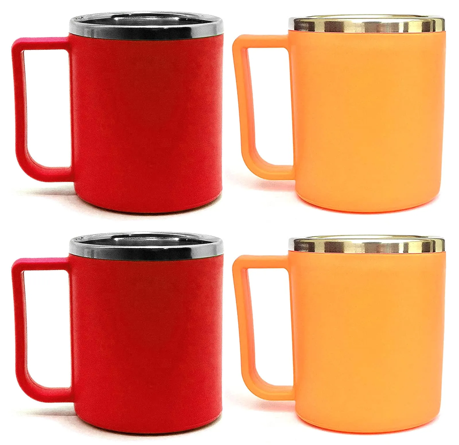 Kuber Industries Medium Size Double Wall with Inner Stainless Steel Coffee/Tea/Milk Mug, Set of 4 (Red & Orange), Standard