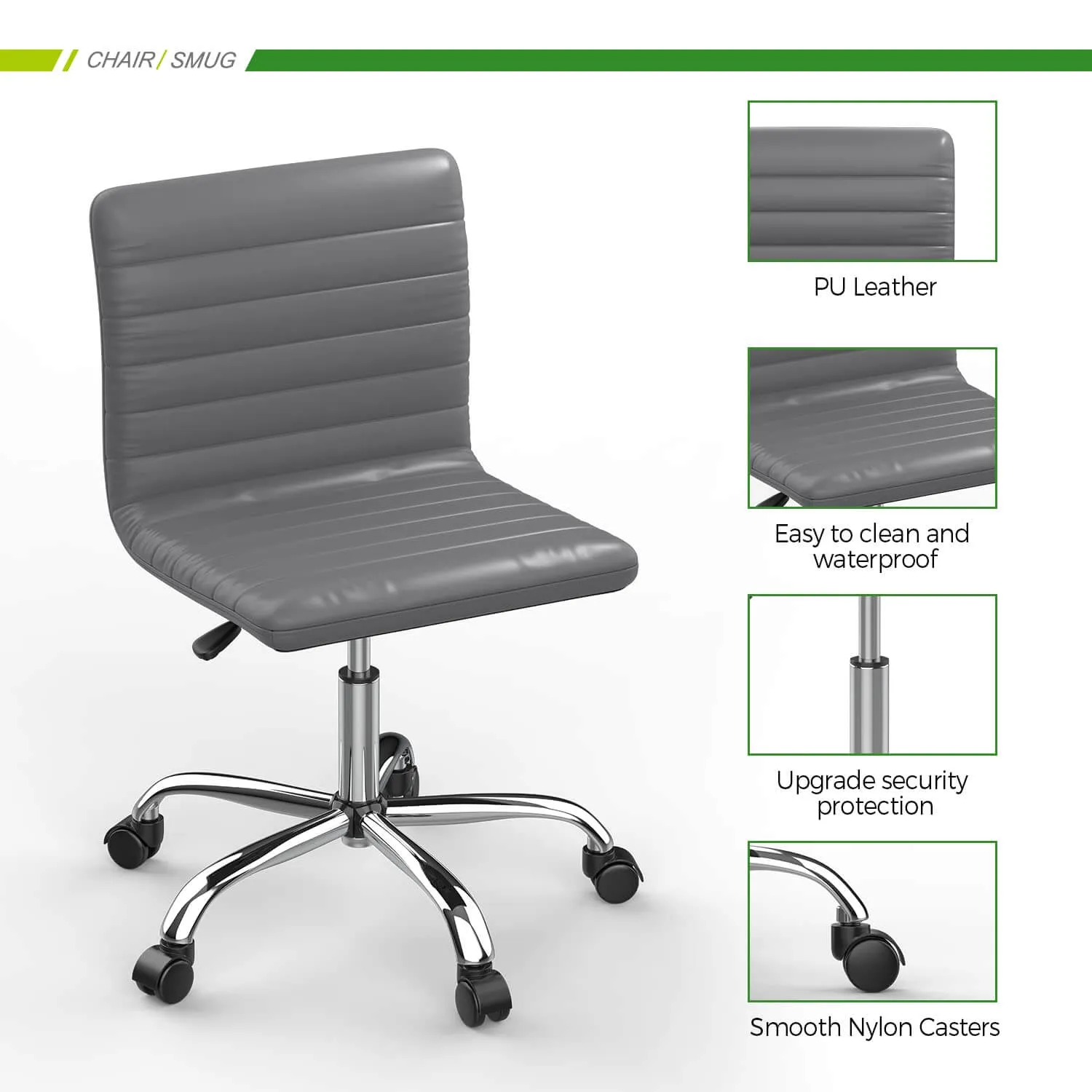 Leather Swivel Armless Mid Back Ribbed Office Chair for Adult Child, Height adjustable Vanity Chair