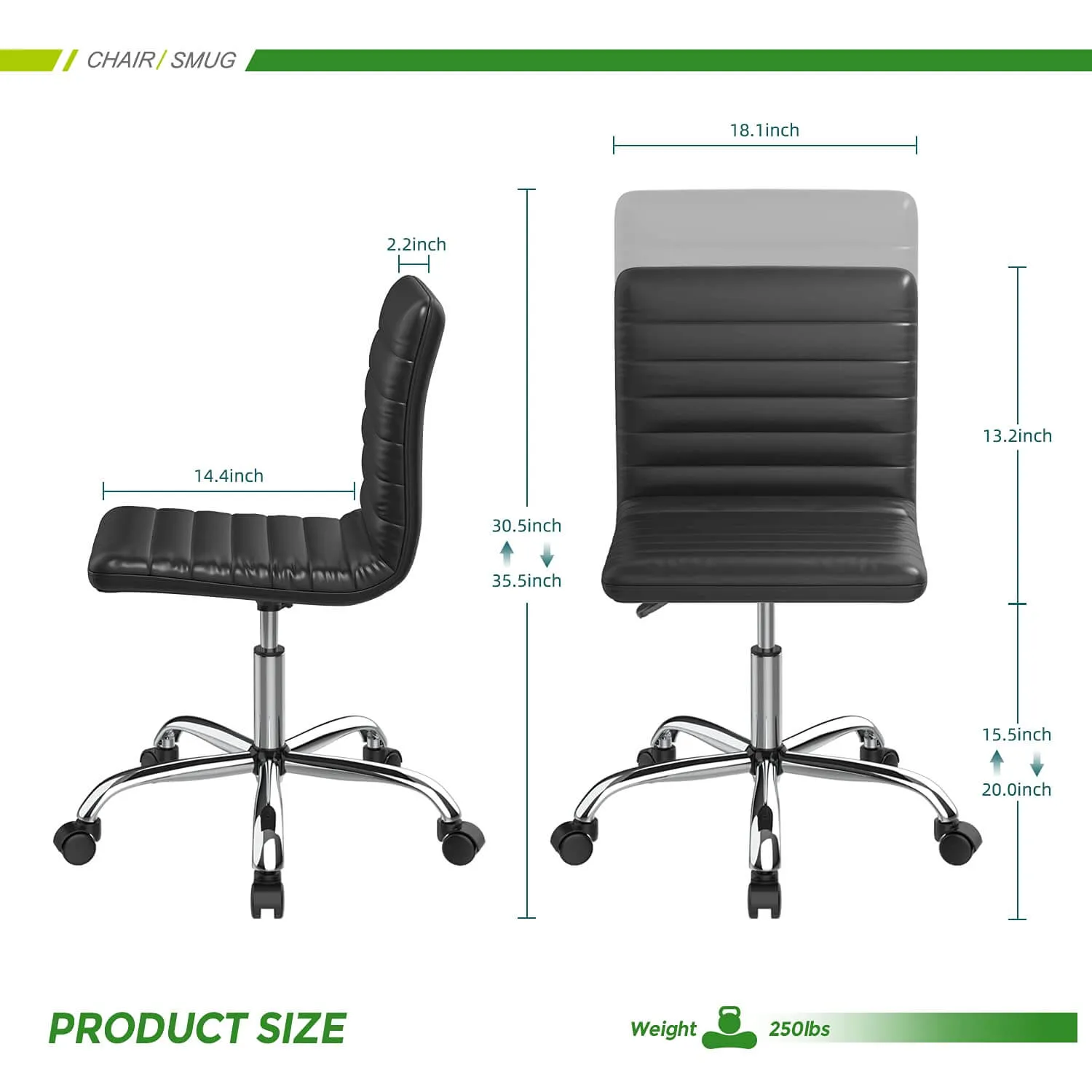 Leather Swivel Armless Mid Back Ribbed Office Chair for Adult Child, Height adjustable Vanity Chair