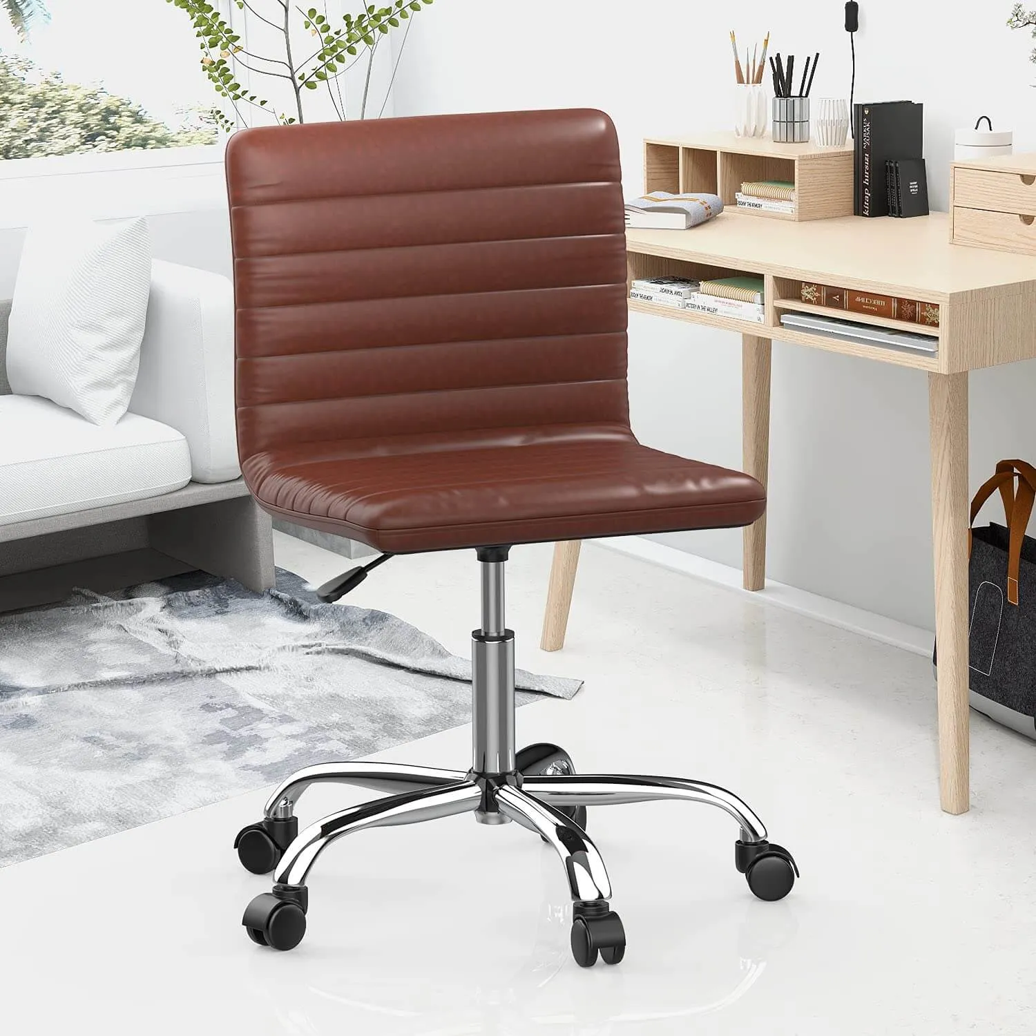 Leather Swivel Armless Mid Back Ribbed Office Chair for Adult Child, Height adjustable Vanity Chair