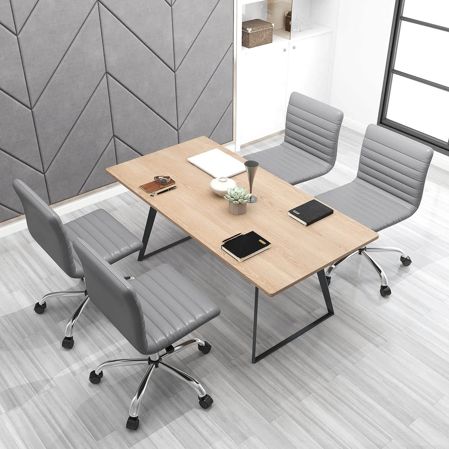 Leather Swivel Armless Mid Back Ribbed Office Chair for Adult Child, Height adjustable Vanity Chair