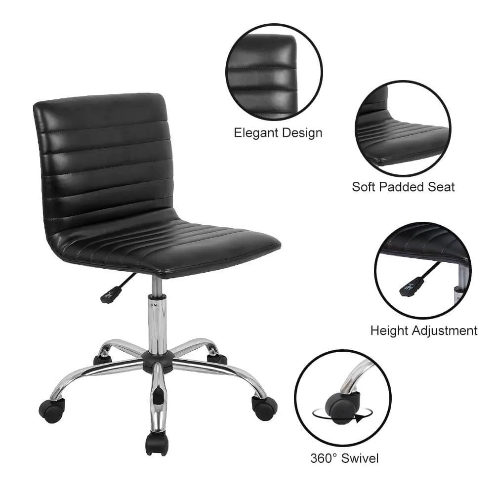 Leather Swivel Armless Mid Back Ribbed Office Chair for Adult Child, Height adjustable Vanity Chair