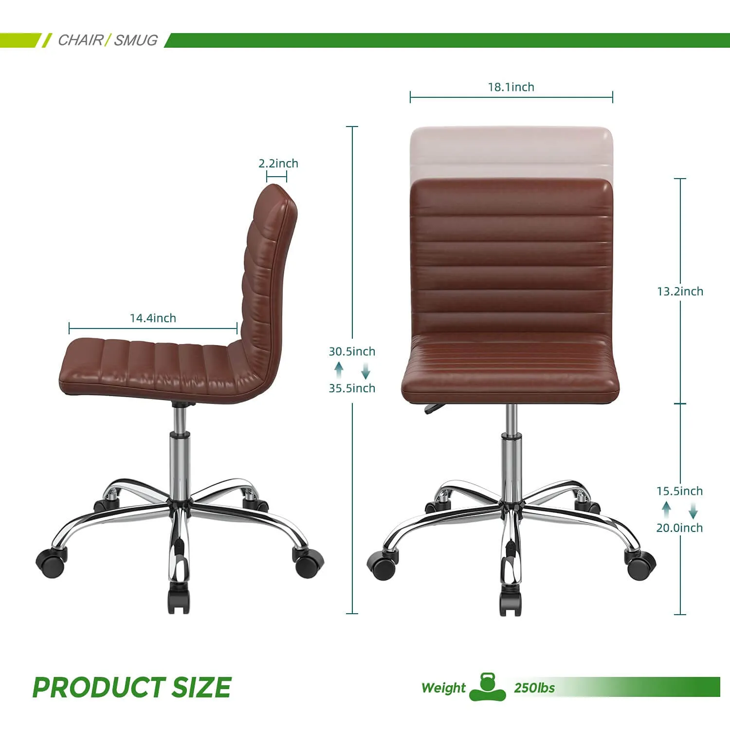 Leather Swivel Armless Mid Back Ribbed Office Chair for Adult Child, Height adjustable Vanity Chair