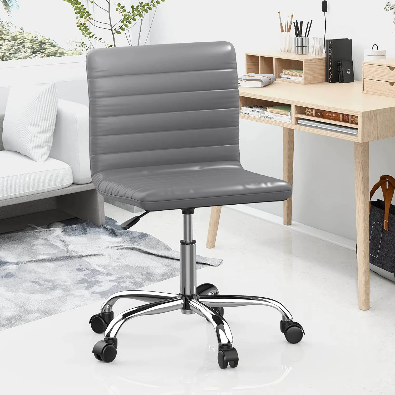 Leather Swivel Armless Mid Back Ribbed Office Chair for Adult Child, Height adjustable Vanity Chair