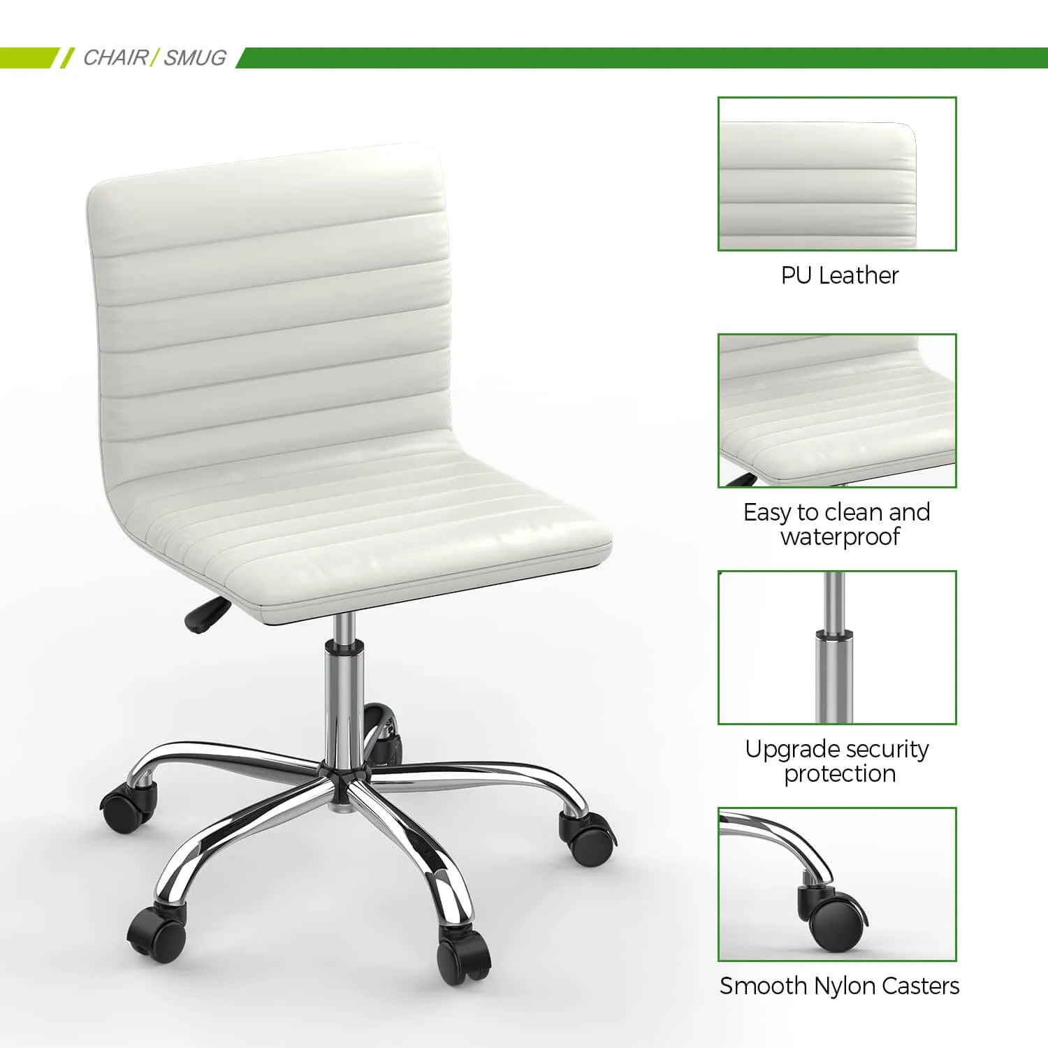 Leather Swivel Armless Mid Back Ribbed Office Chair for Adult Child, Height adjustable Vanity Chair