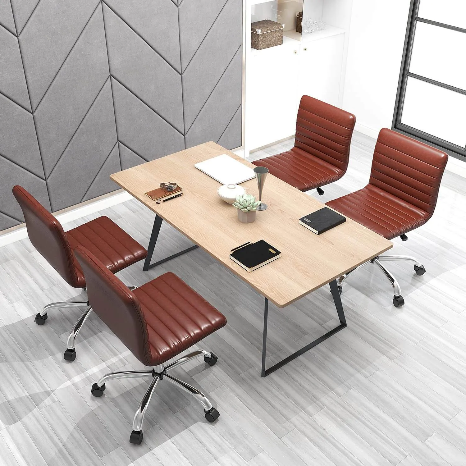 Leather Swivel Armless Mid Back Ribbed Office Chair for Adult Child, Height adjustable Vanity Chair
