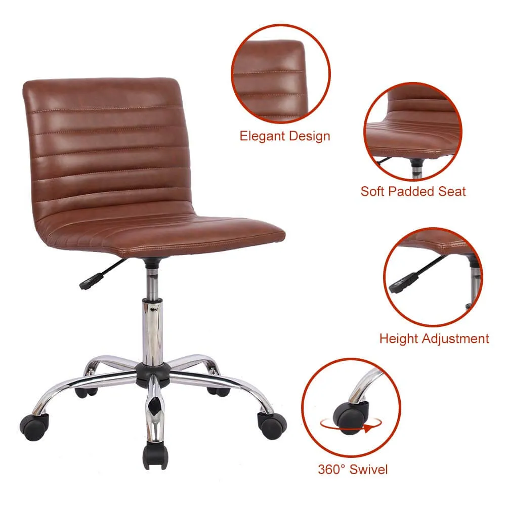 Leather Swivel Armless Mid Back Ribbed Office Chair for Adult Child, Height adjustable Vanity Chair