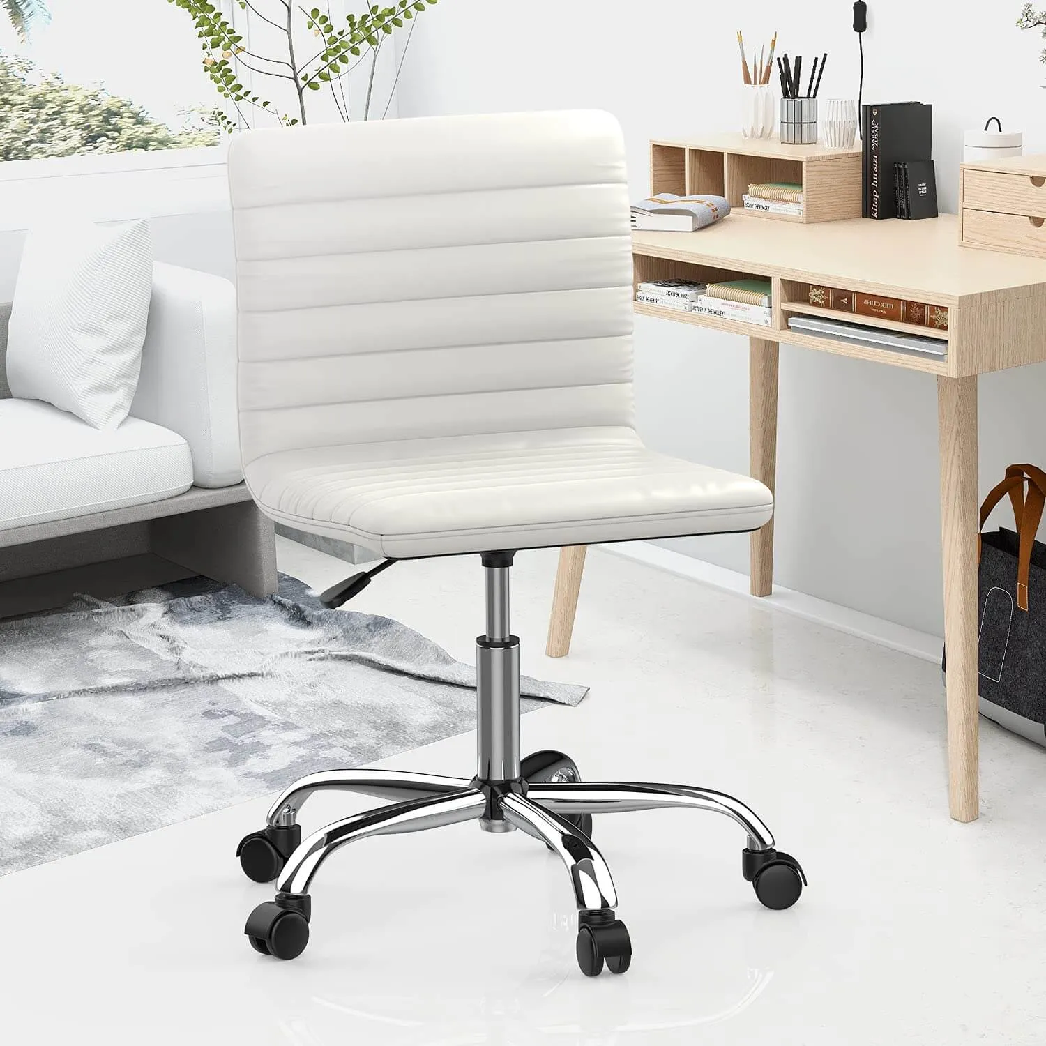 Leather Swivel Armless Mid Back Ribbed Office Chair for Adult Child, Height adjustable Vanity Chair