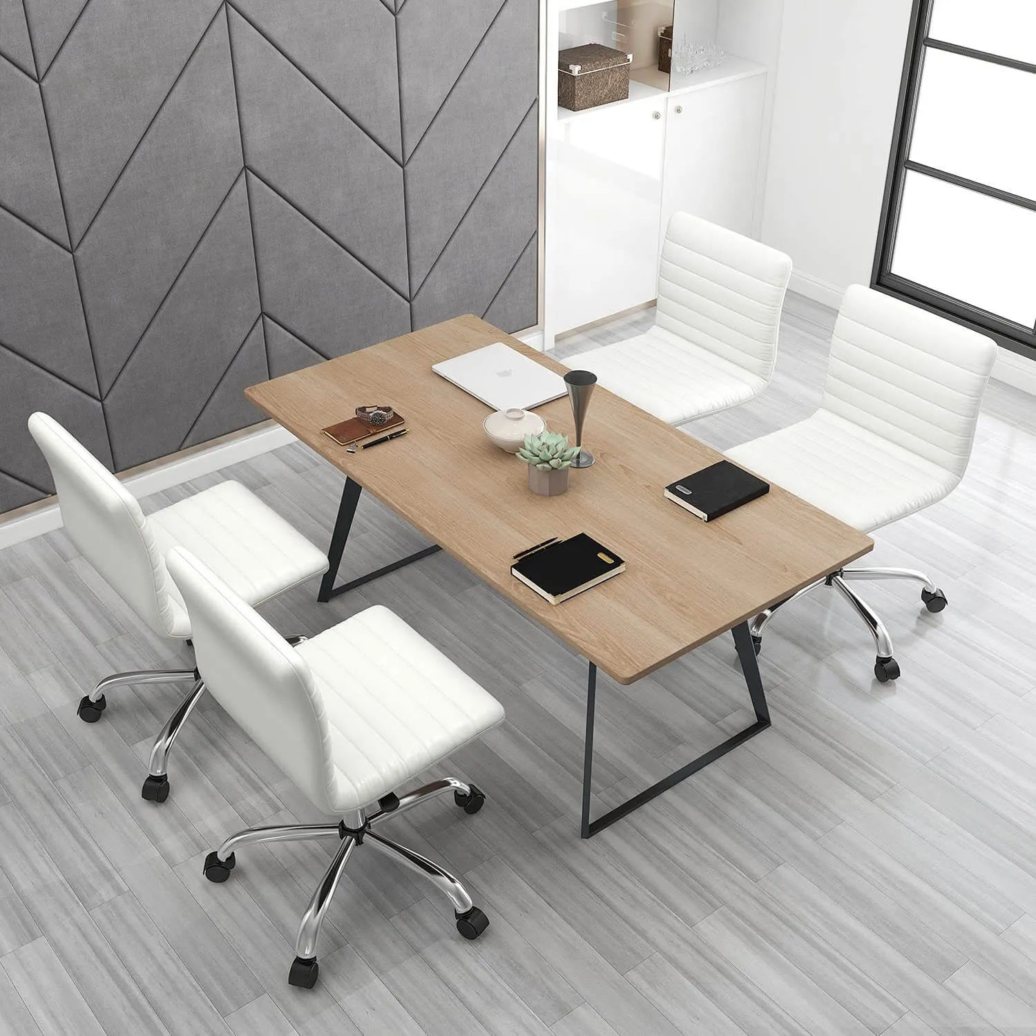 Leather Swivel Armless Mid Back Ribbed Office Chair for Adult Child, Height adjustable Vanity Chair