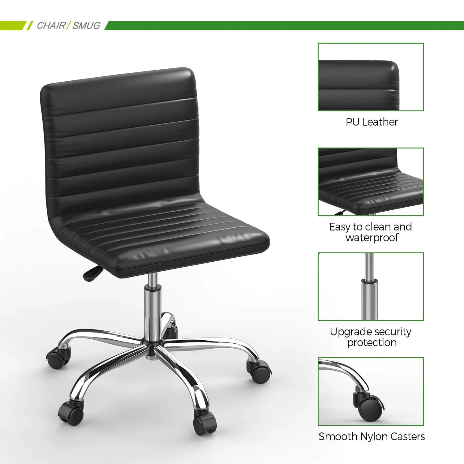 Leather Swivel Armless Mid Back Ribbed Office Chair for Adult Child, Height adjustable Vanity Chair