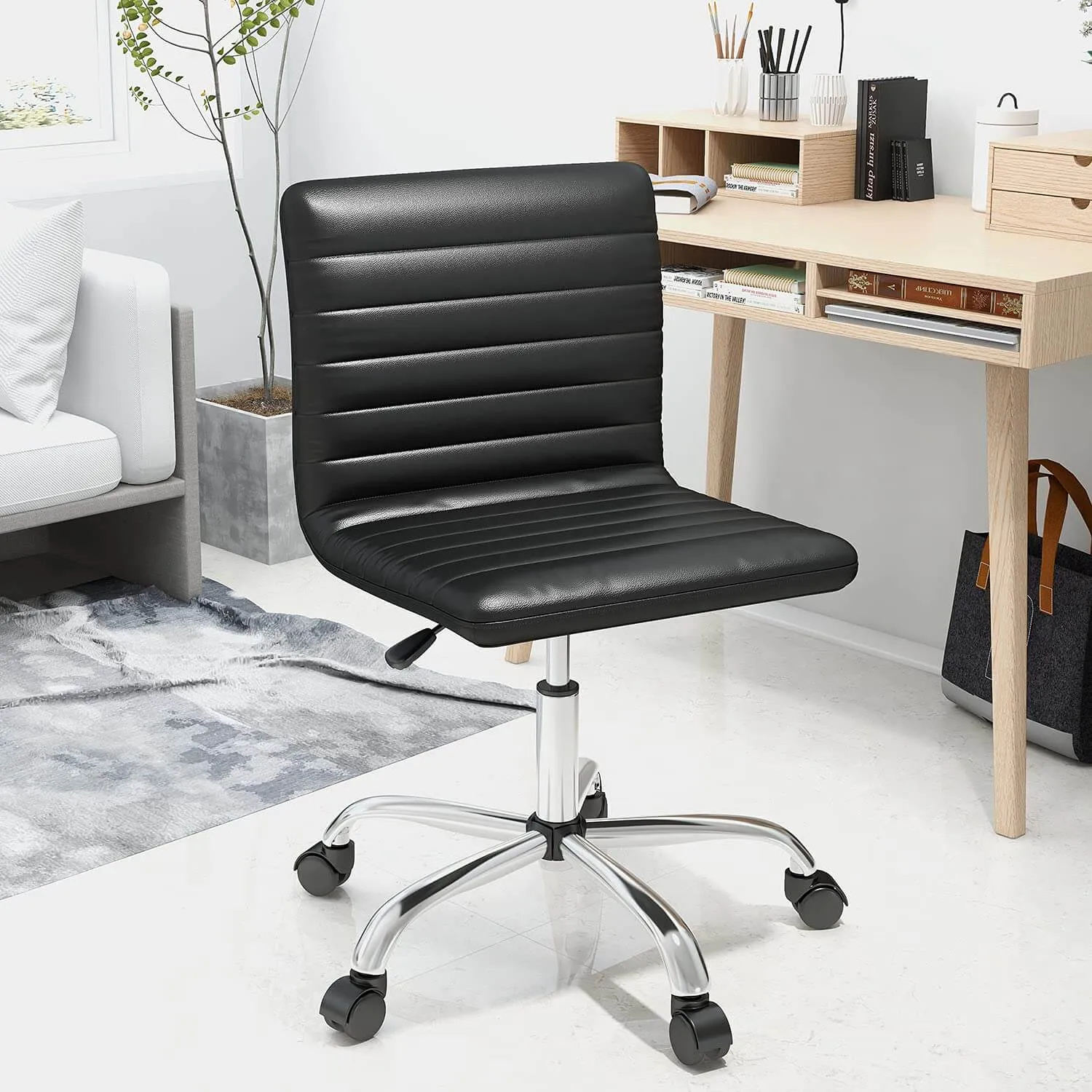Leather Swivel Armless Mid Back Ribbed Office Chair for Adult Child, Height adjustable Vanity Chair