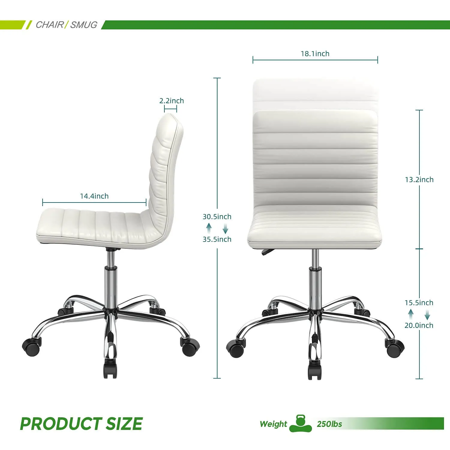 Leather Swivel Armless Mid Back Ribbed Office Chair for Adult Child, Height adjustable Vanity Chair