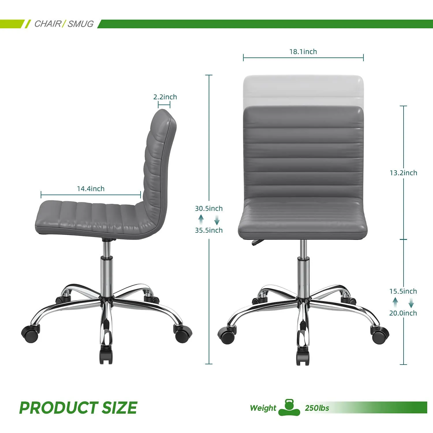 Leather Swivel Armless Mid Back Ribbed Office Chair for Adult Child, Height adjustable Vanity Chair
