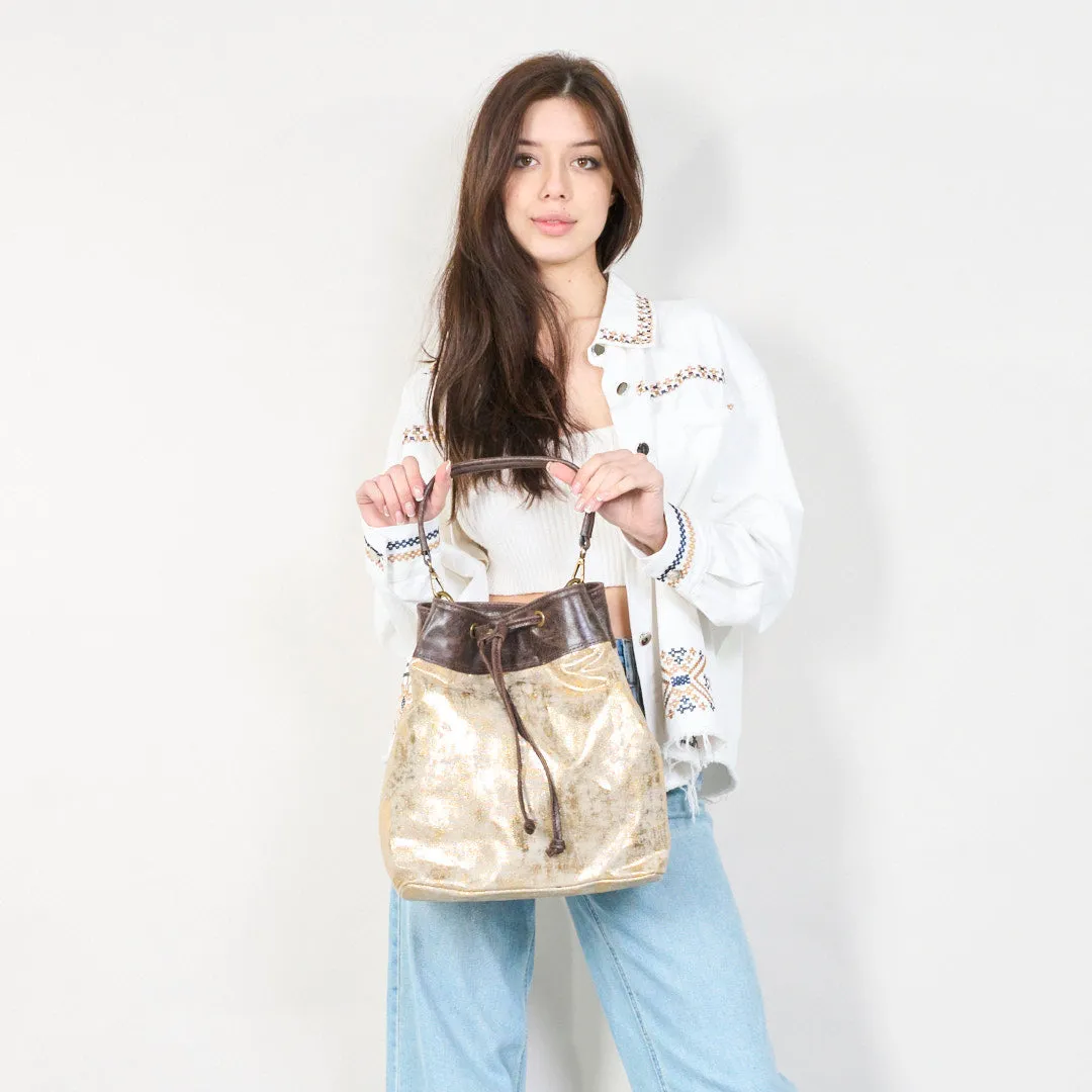 Metallic leather bucket bag with drawstring closure wholesale