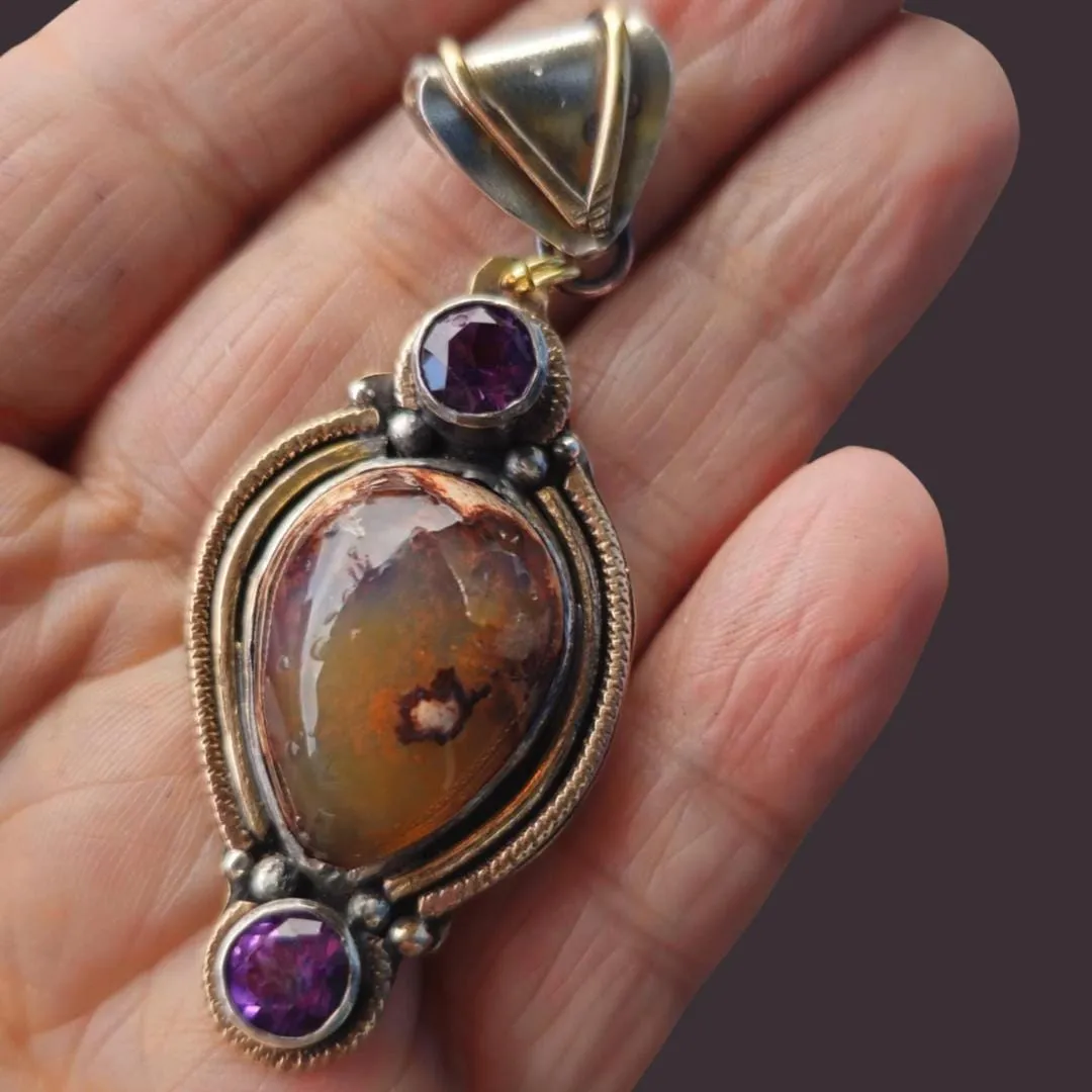 Mexican Opal and Amethyst Pendant – Handcrafted in Silver with Gold-Filled Accents