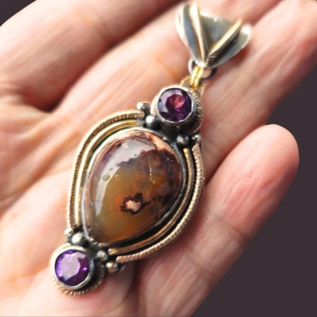 Mexican Opal and Amethyst Pendant – Handcrafted in Silver with Gold-Filled Accents