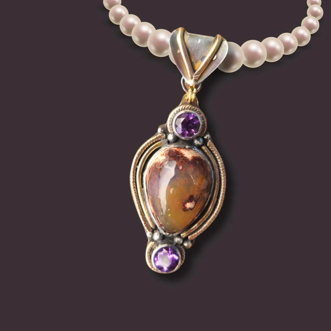Mexican Opal and Amethyst Pendant – Handcrafted in Silver with Gold-Filled Accents