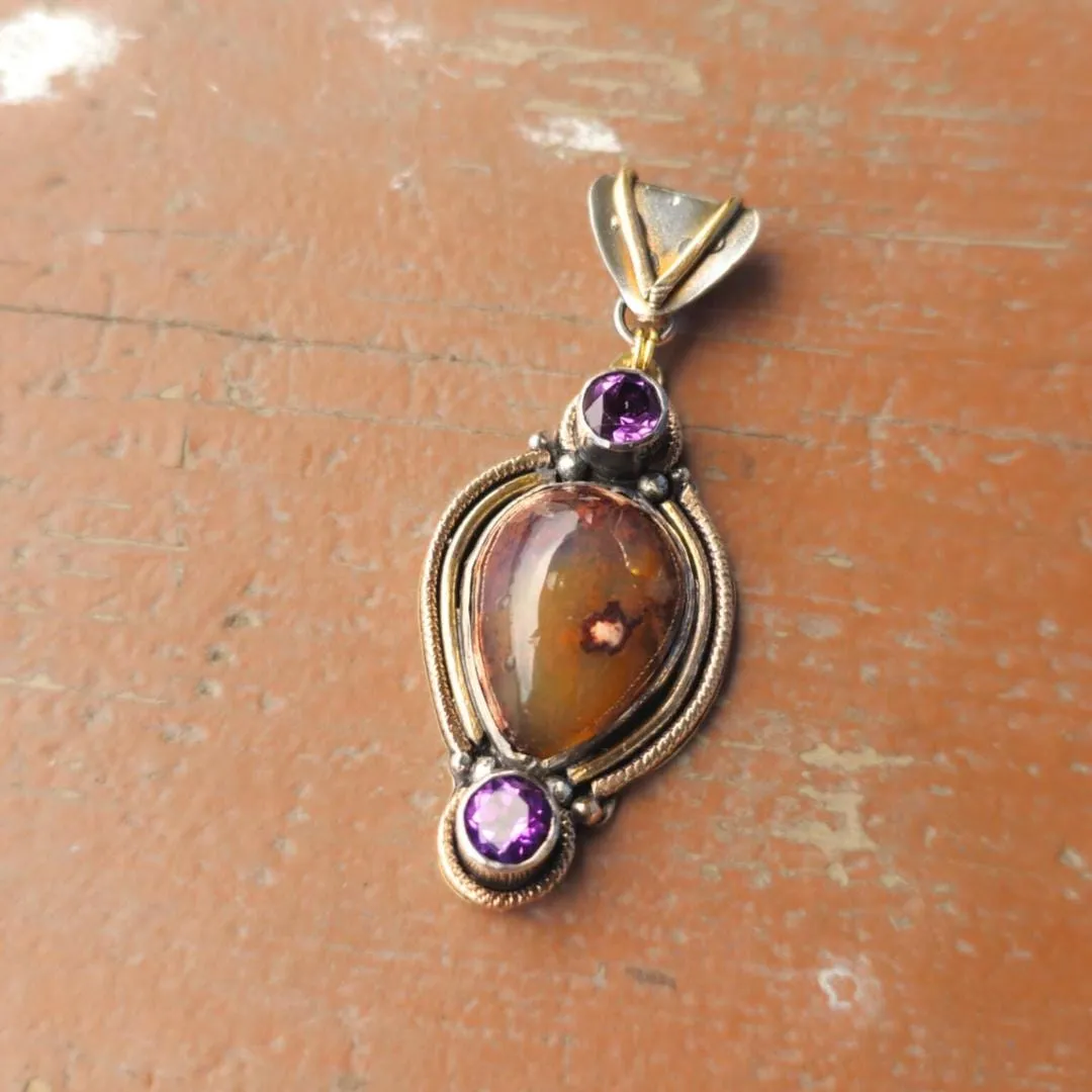 Mexican Opal and Amethyst Pendant – Handcrafted in Silver with Gold-Filled Accents