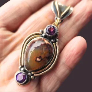 Mexican Opal and Amethyst Pendant – Handcrafted in Silver with Gold-Filled Accents