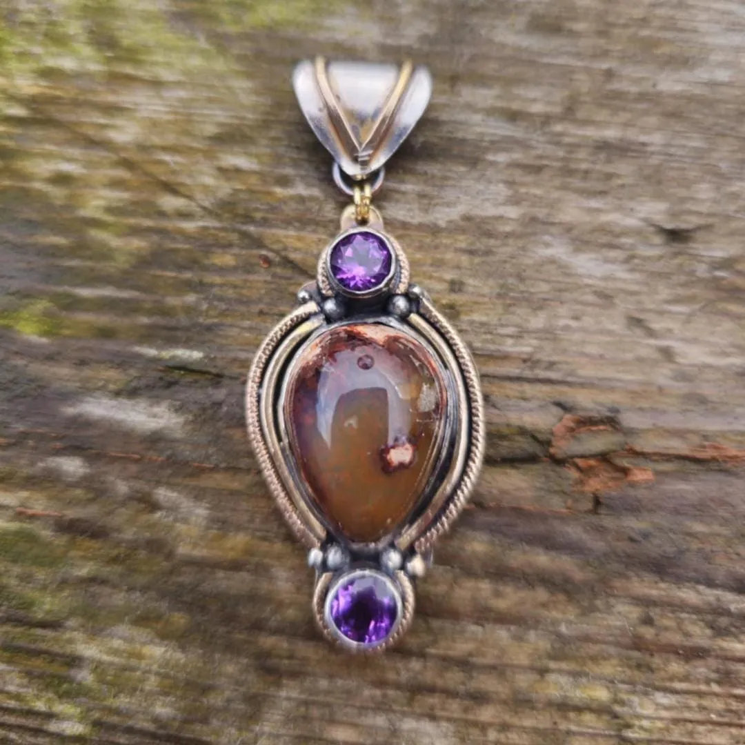 Mexican Opal and Amethyst Pendant – Handcrafted in Silver with Gold-Filled Accents