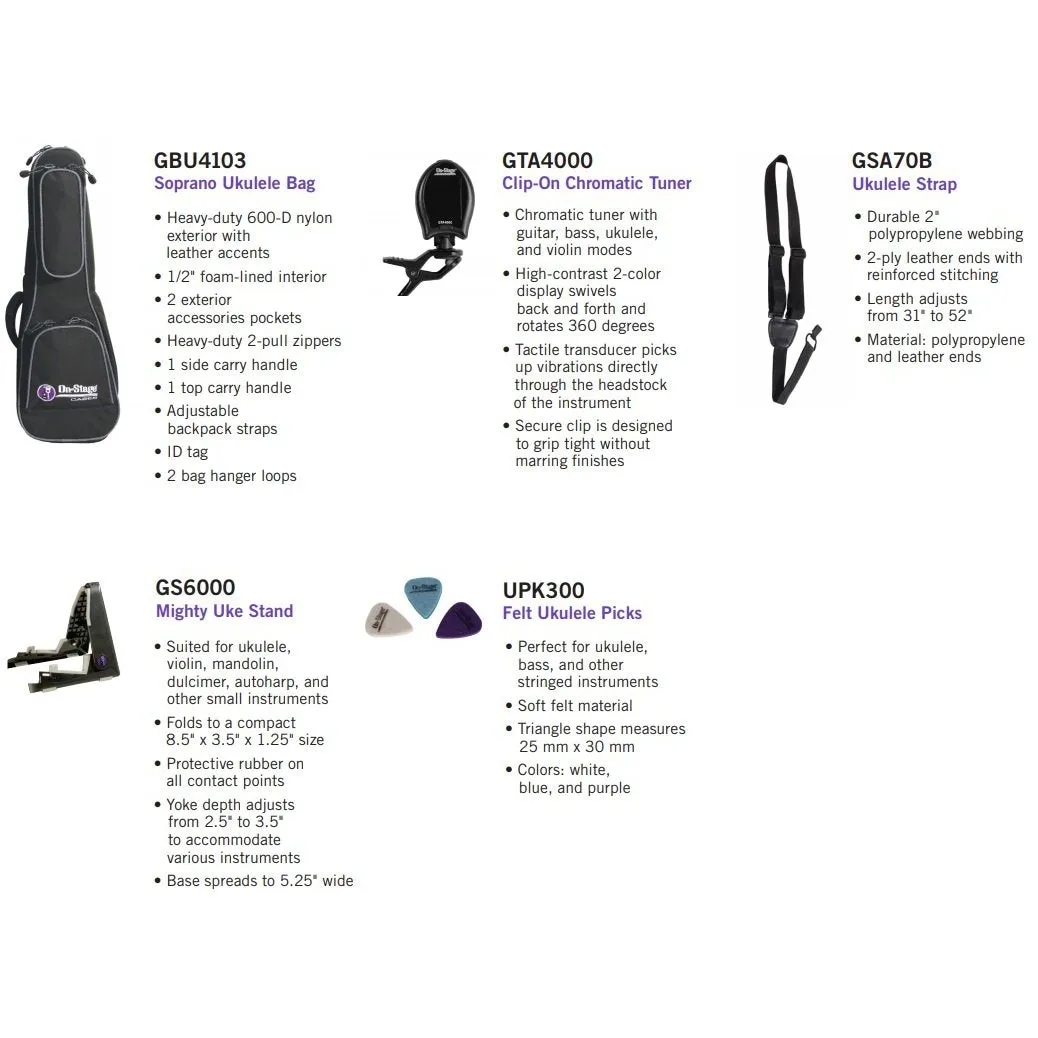 On-Stage UPK1000 Soprano Ukulele Accessories Bundle
