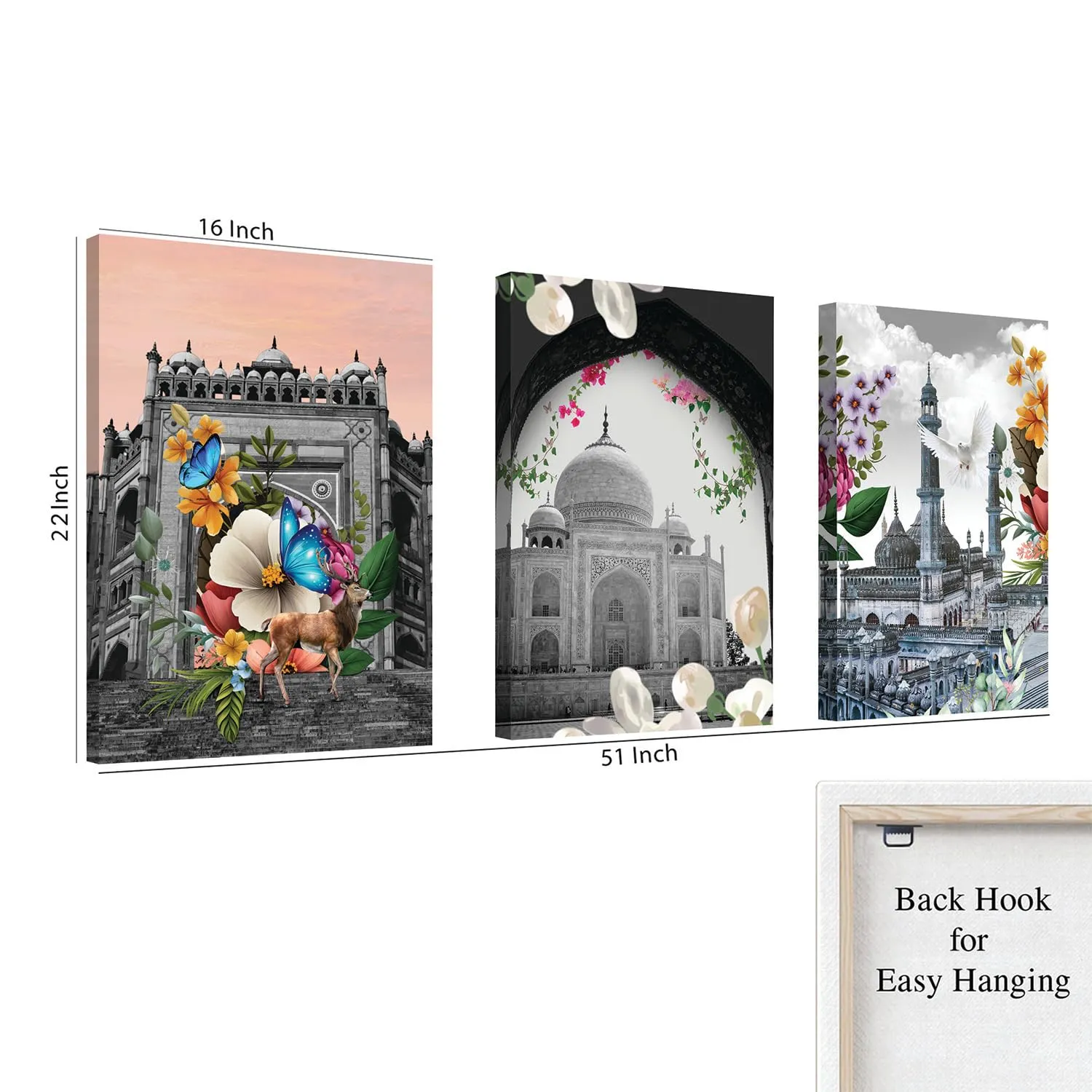 Painting Mantra Stretched On Frame Canvas Painting Taj Mahal & Char Minar Art For Living Room, Decorative Home & Wall Décor Abstract Art (Set of 3, Size: 16x22 Inch)